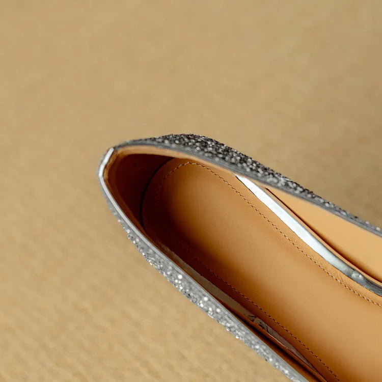 Women's Glitter Pumps Pointed Toe Crystal Buckle Heel