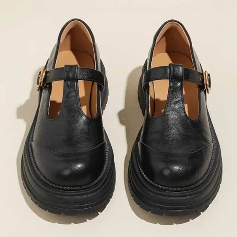 Women's T-Bar Mary Jane Shoes Round Toe Brogue Low Heel