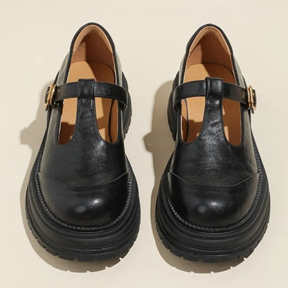 Women's T-Bar Mary Jane Shoes Round Toe Brogue Low Heel