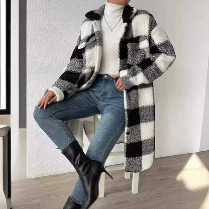 Women's Plush Plaid Overcoat - VibreMode
