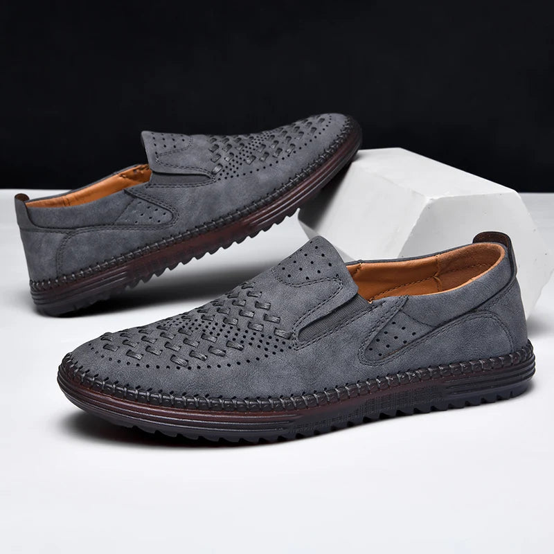 Men's Perforated Loafers Textured Leather Upper