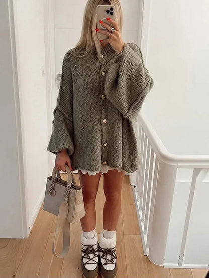 Women's Bat Sleeve Cardigan Wool Lapel Metal Buttons Beige