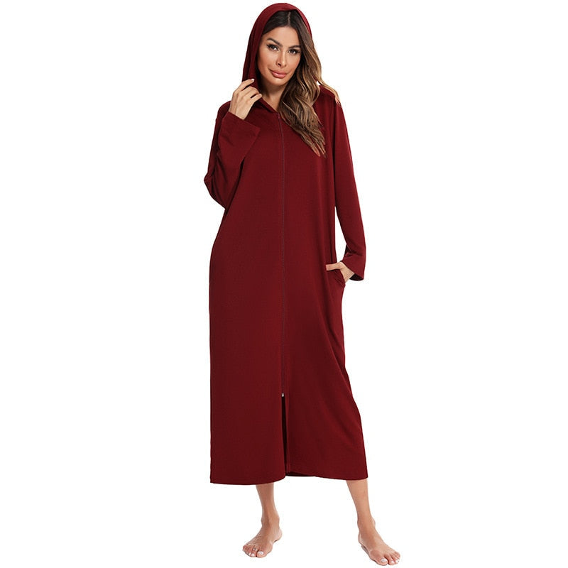 Women's Hooded Fleece Nightdress Zip-Up