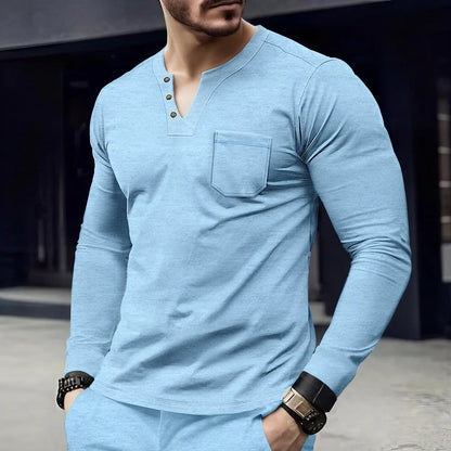 Men's Long Sleeve Henley Cotton Shirt - VibreMode