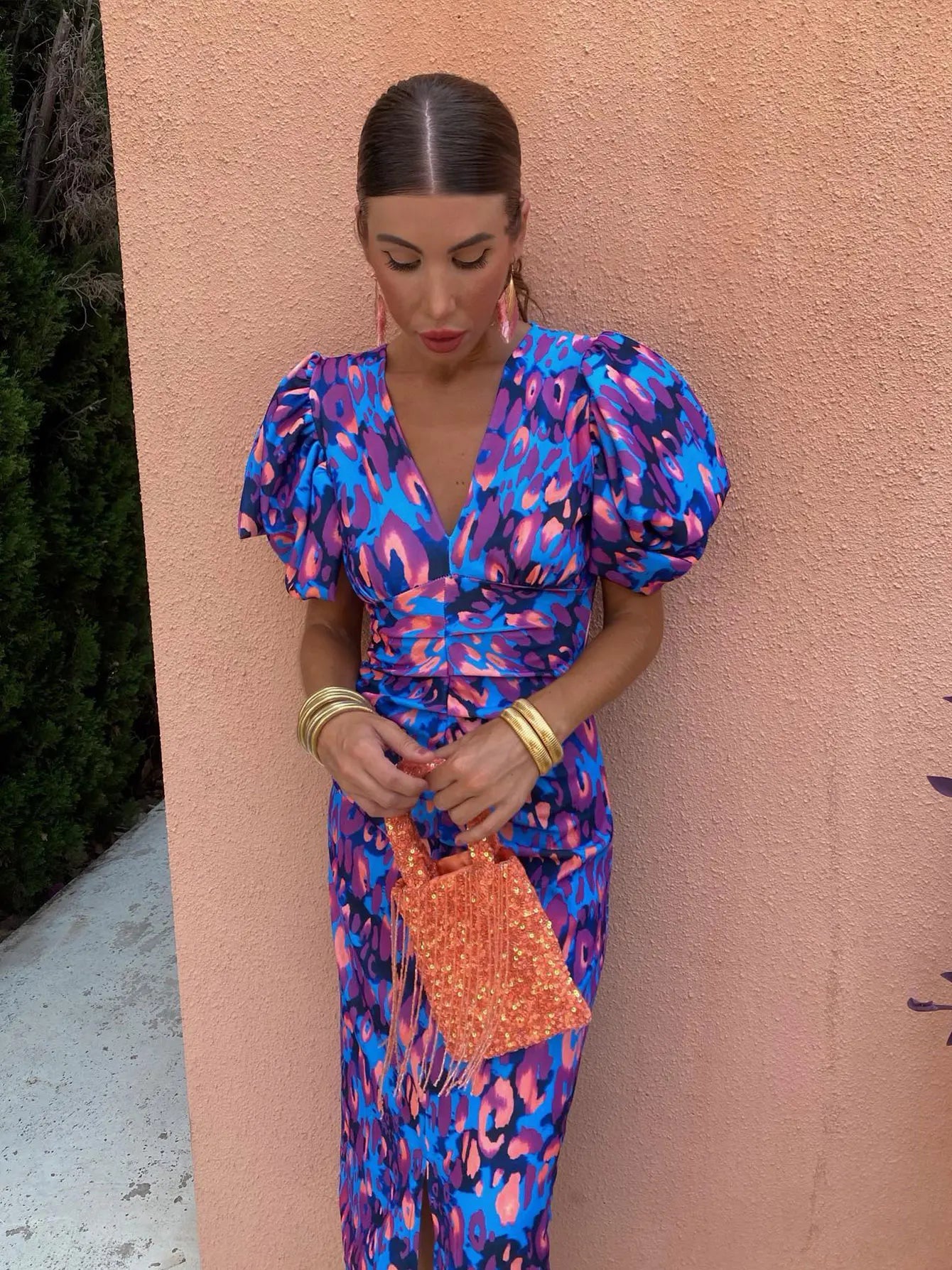 Vibrant Floral Puff Sleeve Midi Summer Dress