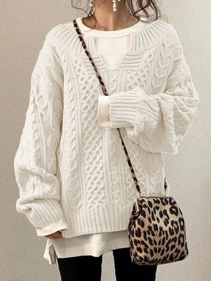 Women's Cable Knit Sweater Chunky Round Neck Beige