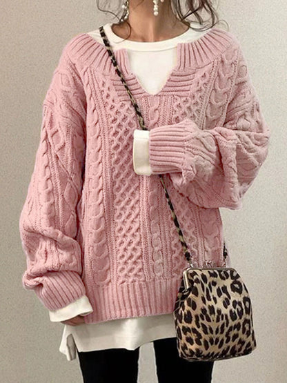 Women's Cable Knit Sweater Chunky Round Neck Beige