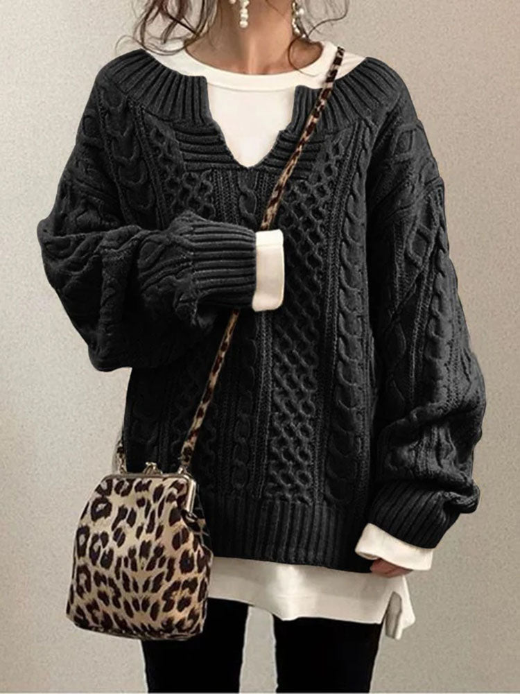 Women's Cable Knit Sweater Chunky Round Neck Beige
