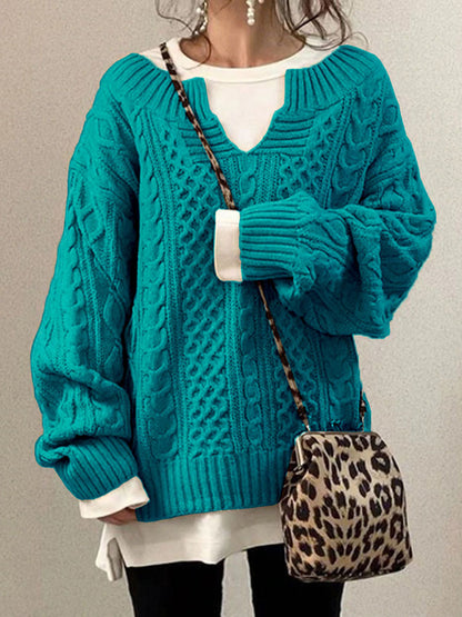 Women's Cable Knit Sweater Chunky Round Neck Beige