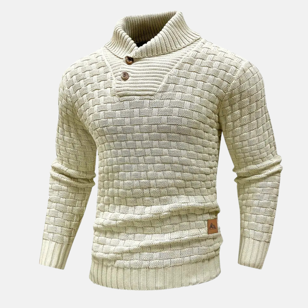 Men's Textured Knit Sweater Shawl Collar Buttons Beige