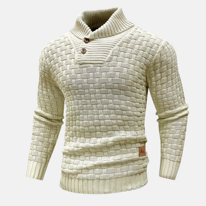 Men's Textured Knit Sweater Shawl Collar Buttons Beige