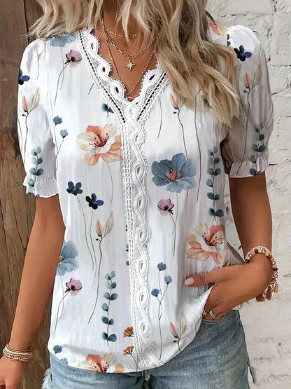 Women V-Neck Blouse Leaf Print
