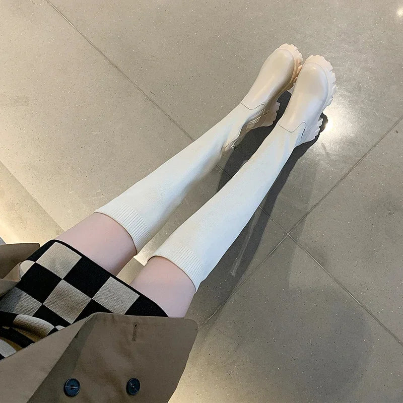 Women's Knee High Boots Stretch Fit Chunky Sole Side Zip Black