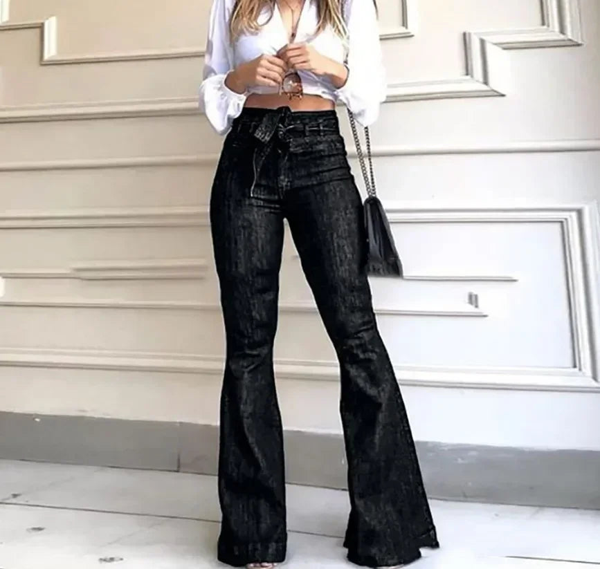 Women's High Waist Flare Jeans Slim Fit Dark Blue