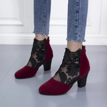 Women's Ankle Boots Block Heel Patterned Panel Design