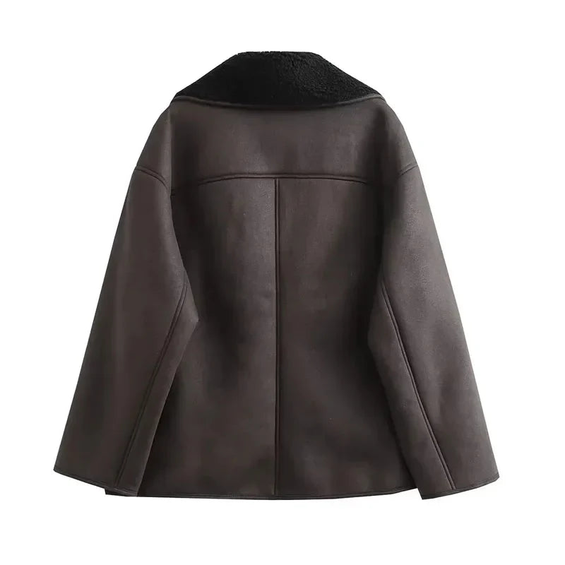 Women's Leather Winter Jacket Plush Lined Wide Collar