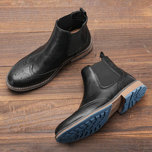 Men's Chelsea Ankle Boots Leather Brogue Style Black - VibreMode