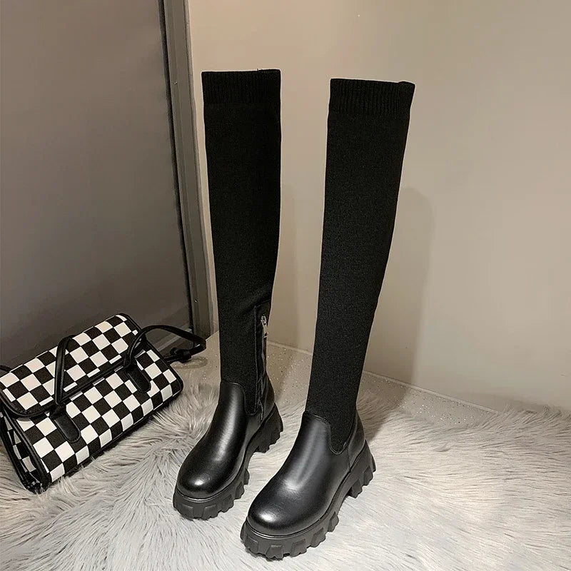 Women's Knee High Boots Stretch Fit Chunky Sole Side Zip Black