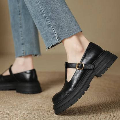 Women's T-Bar Mary Jane Shoes Round Toe Brogue Low Heel