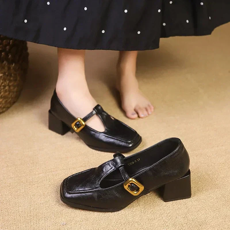Classic Low Heel Mary Jane Shoes Gold Detail