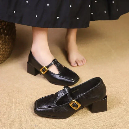 Classic Low Heel Mary Jane Shoes Gold Detail