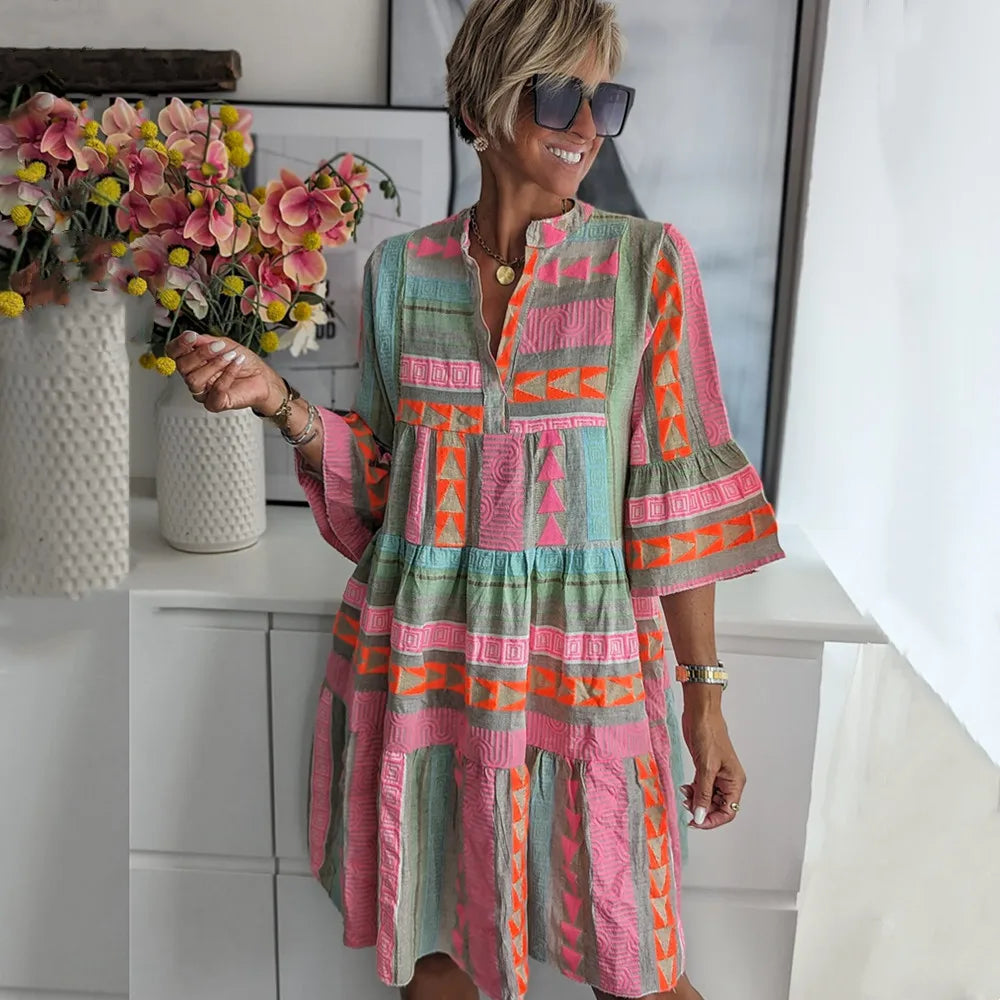 Women's Geometric Print Tiered Spring Dress - VibreMode