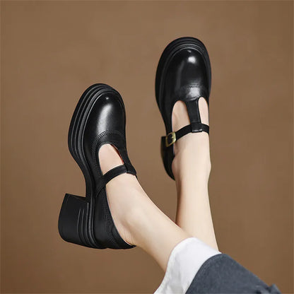 Women's Block Heel Mary Jane Shoes Round Toe Strap