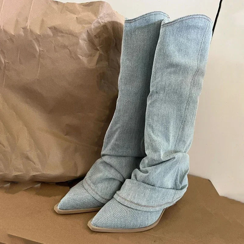 Women's Western Boots Knee High Pleated Pointed Toe Heeled