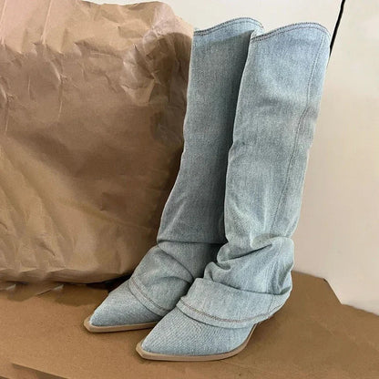 Women's Western Boots Knee High Pleated Pointed Toe Heeled