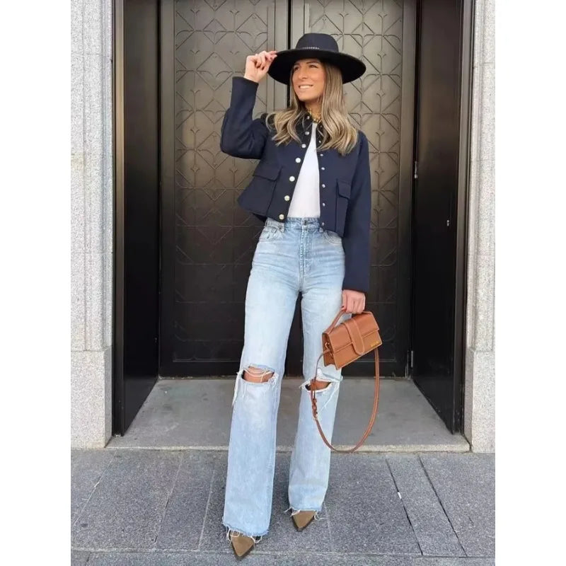 Women's Aviator Bomber Jacket Cotton Button Front