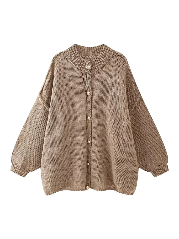 Women's Bat Sleeve Cardigan Wool Lapel Metal Buttons Beige