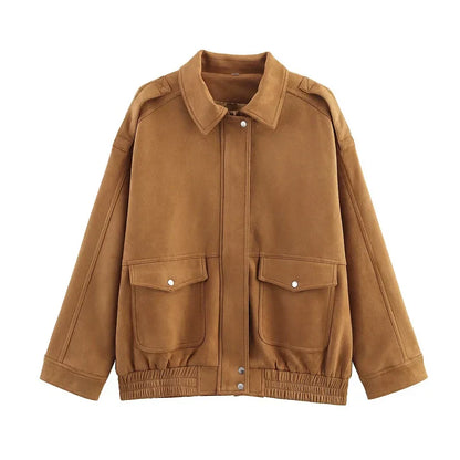 Women's Bomber Jacket Snap Buttons Flap Pockets