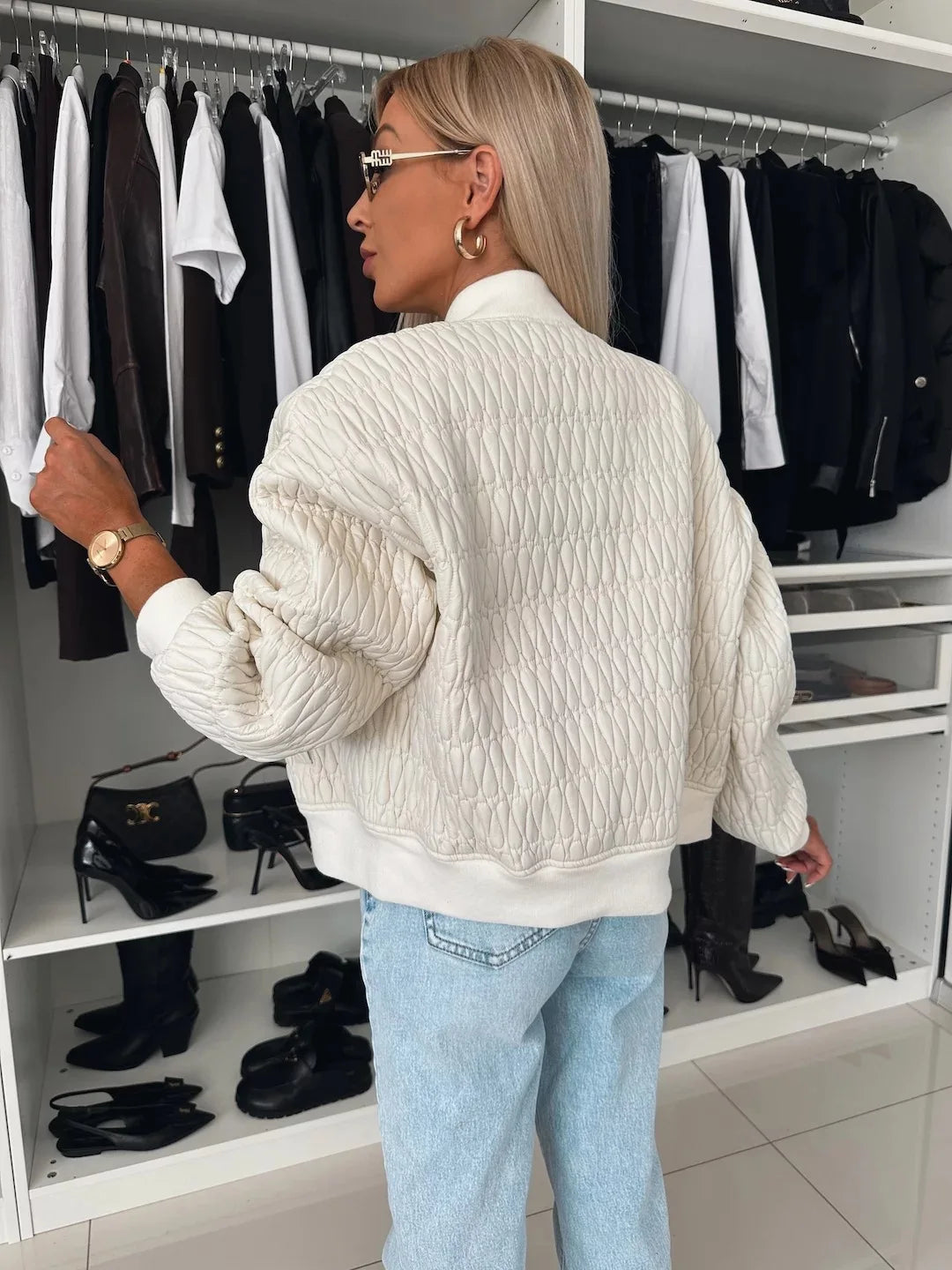Women's Quilted Bomber Jacket Zip Front Ribbed Trim