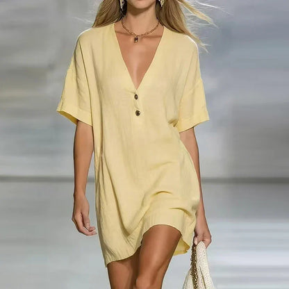 Linen V Neck Shirt Dress - VibreMode
