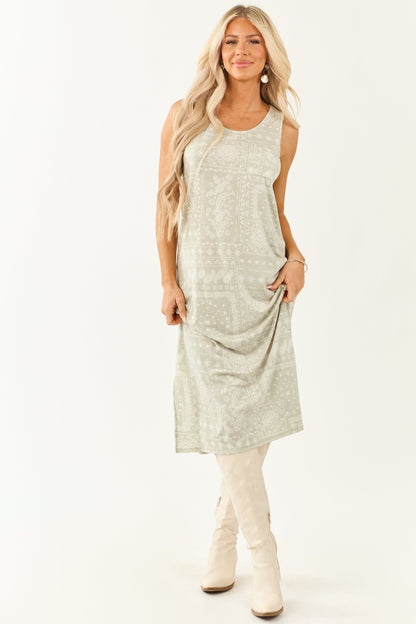Women's Knit Midi Dress Sage Green Bandana Print Sleeveless