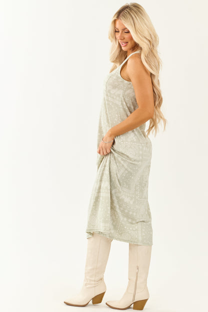 Women's Knit Midi Dress Sage Green Bandana Print Sleeveless