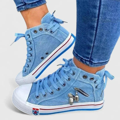 Women's High Denim Sneakers Lace-Up Side Zip - VibreMode