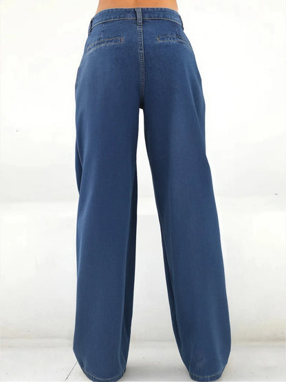 Women's Dark Blue Wide Leg Denim Jeans Comfortable Loose Fit