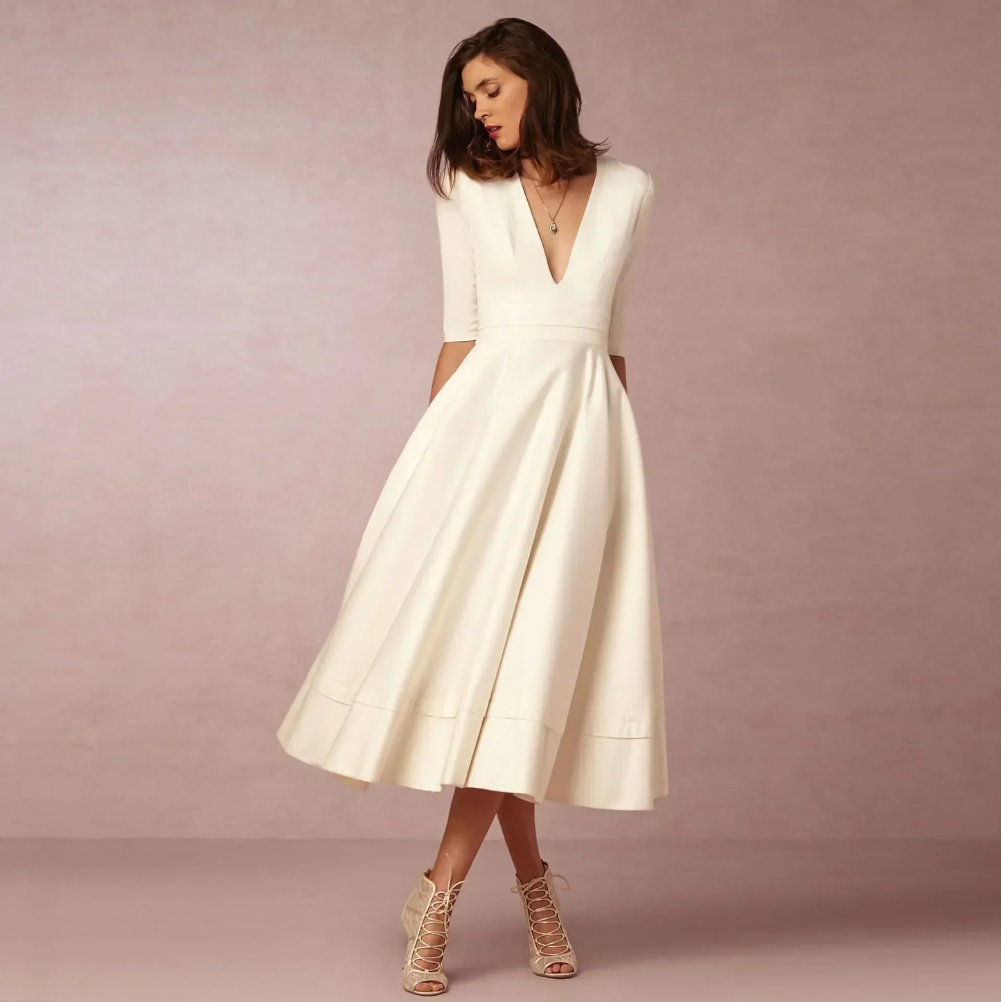Women's Deep V Neck Midi Dress Half Sleeves Flared Skirt - VibreMode