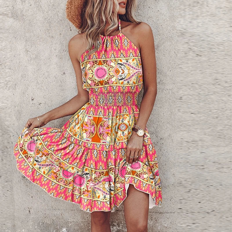 Chic Womens Halter Neck Floral Maxi Dress - VibreMode