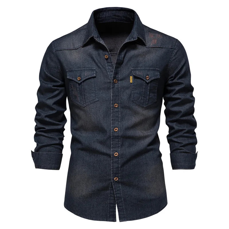 Men's Long Sleeve Button Shirt Cotton Contrast Dual Pocket - VibreMode