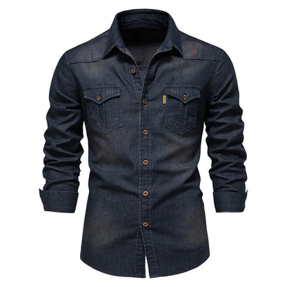 Men's Long Sleeve Button Shirt Cotton Contrast Dual Pocket - VibreMode