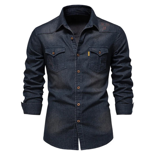 Men's Long Sleeve Button Shirt Cotton Contrast Dual Pocket - VibreMode