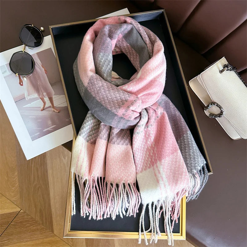 Womens Plaid Scarf Tassel Wool Red - VibreMode