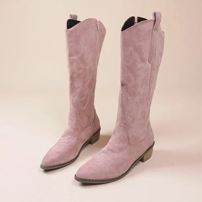 Women's Knee High Cowboy Boots Embroidered Design Chunky Heel