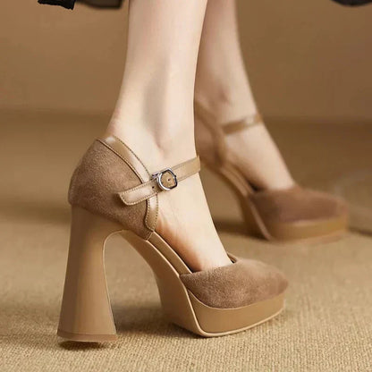 Ladies High Heel Ankle Strap Block Pumps Shoes