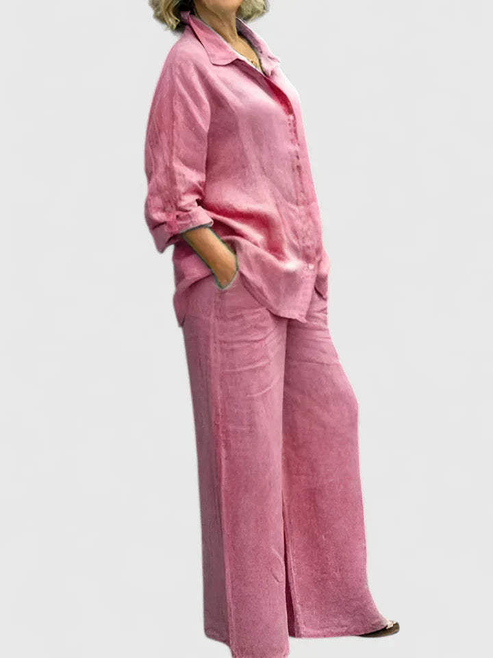 Women's Two-Piece Button-Down Shirt Set Wide Leg Pants - VibreMode