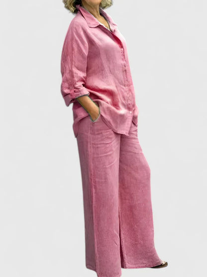 Women's Two-Piece Button-Down Shirt Set Wide Leg Pants - VibreMode