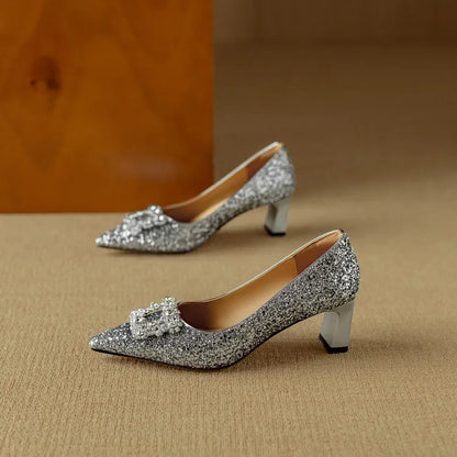 Sparkly High Heel Pumps with Crystal Strap Detail