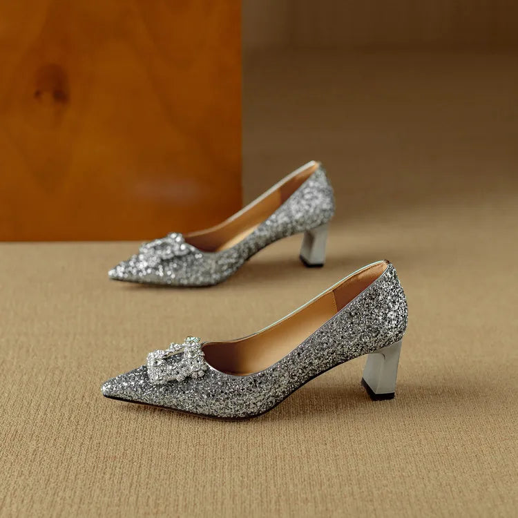 Women's Glitter Pumps Pointed Toe Crystal Buckle Heel
